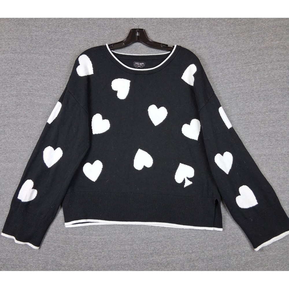 Kate Spade Womens Sweater M Black AOP Heart Spade Pullover Preppy Novelty